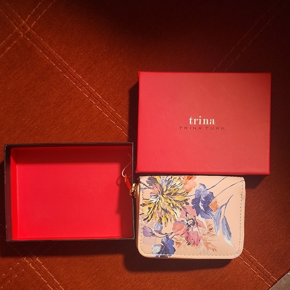 Trina Turk Cream Floral Zip Wallet with Multicolor Blooms